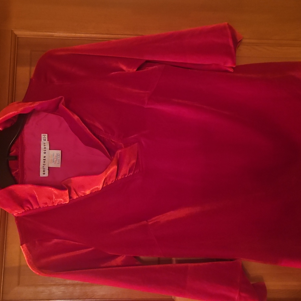 Gretchen Scott Red Crimson Ruffle Neck 3/4 Sleeves Top - Silky Velvet Size XL - Picture 3 of 7